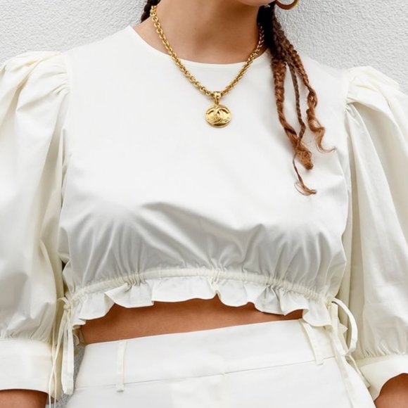 DANIELLE BERNSTEIN Womens Tie Bottom Of Top Pouf Jewel Neck Crop Top NWT - Picture 1 of 3